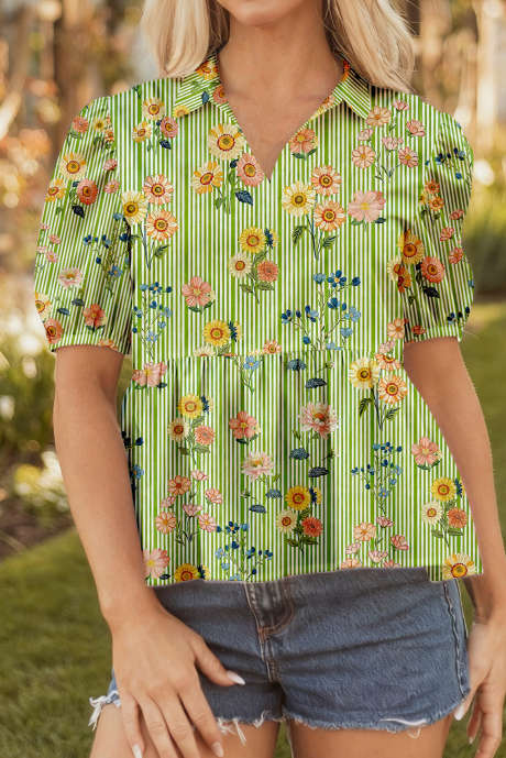 Green Stripe Floral Printed Collar V Neck Short Sleeve Babydoll Blouse