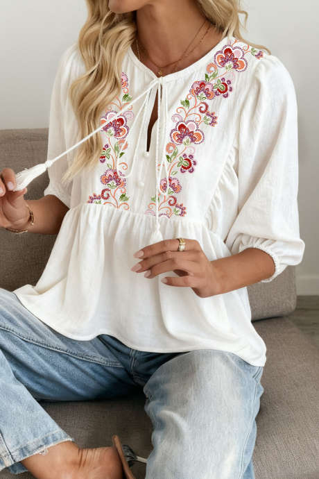 White Paisley Flower Embroidered Detail Tassel Tie Bracelet Sleeve Blouse