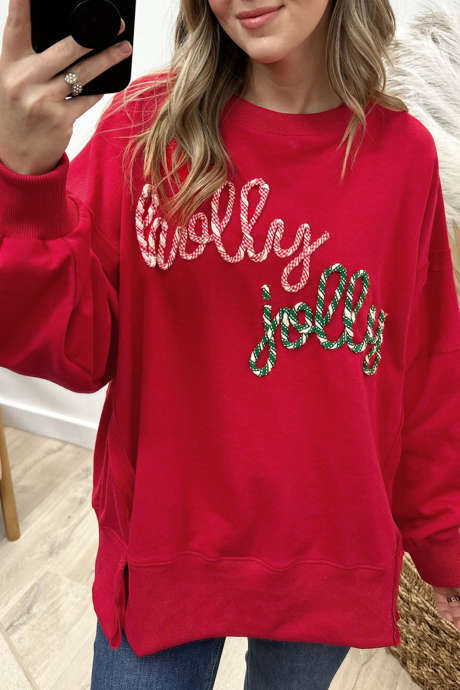 Racing Red Holly Jolly geborduurde grafische baggy sweatshirt