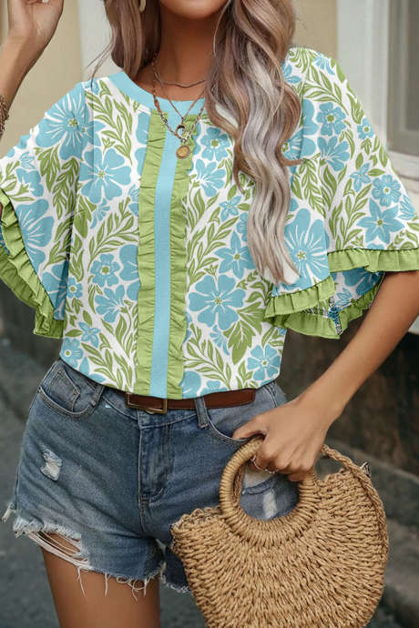 Sky Blue Floral printed lace decorative top