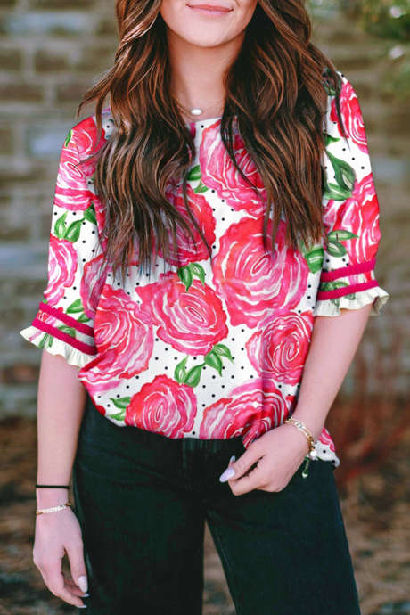 Red Rose Floral Dotty Print Contrast Trim Frilled Half Sleeve Blouse
