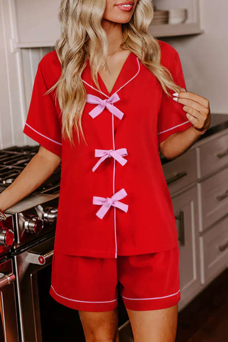 Conjunto de pijama curto de seda com 2 peças e acabamento em contraste vermelho fogo