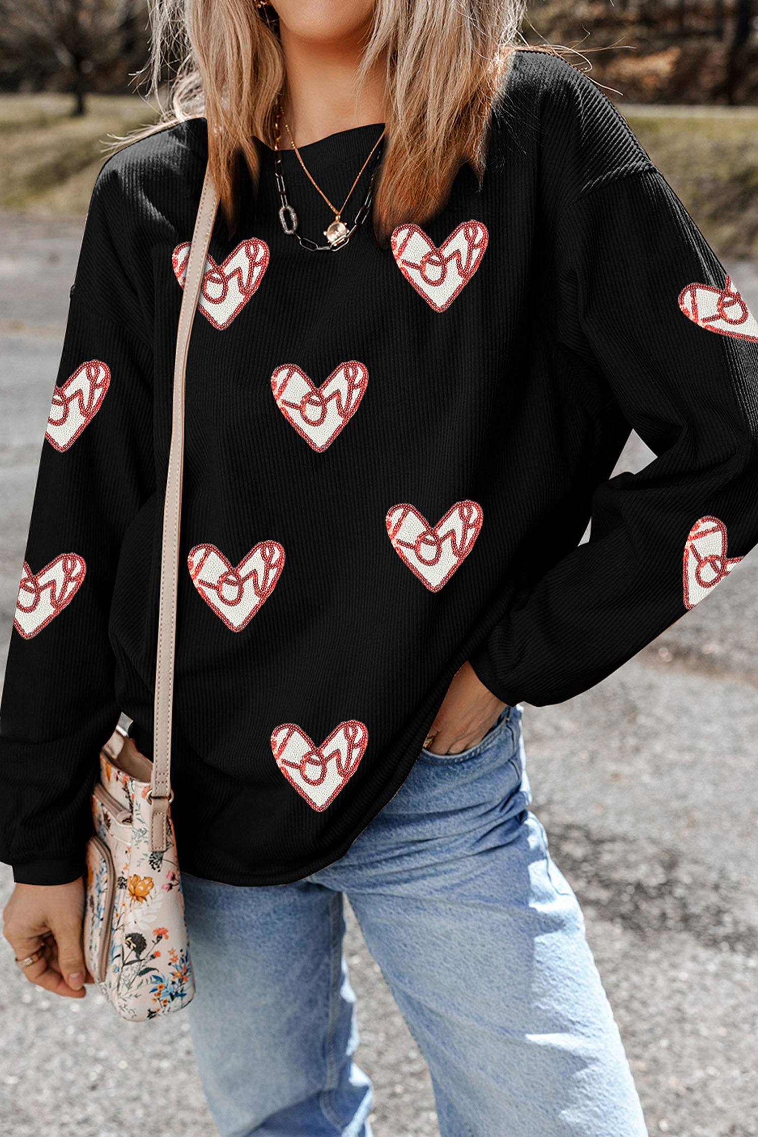 $9.24 Black Corded Ribbed Love Heart Sequin Patched Graphic