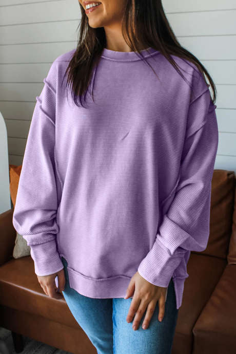 Lavendula Horizontal Ribbed Exposed Seam Detail Drop Shoulder Baggy Pullover