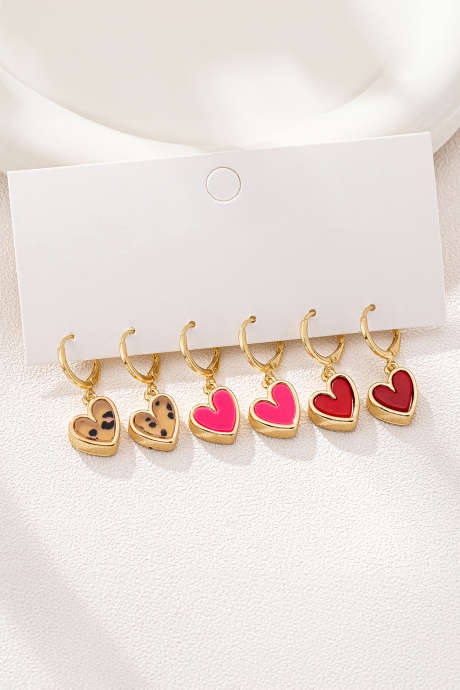 Gold Retro Hoop 3 Pairs Heart Shape Dangle Earrings