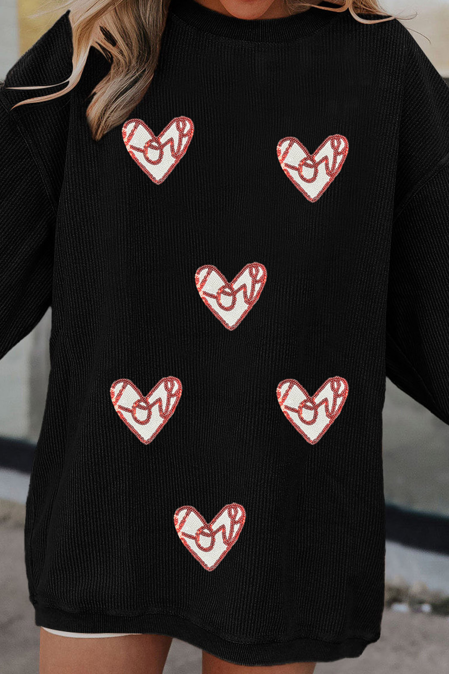 $9.24 Black Corded Ribbed Love Heart Sequin Patched Graphic