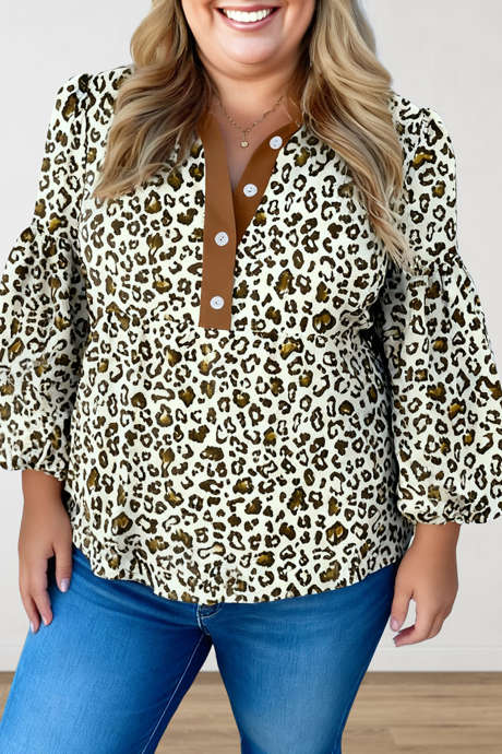 Blusa con estampado de leopardo, mangas abullonadas y ribete en contraste, color caqui, talla grande