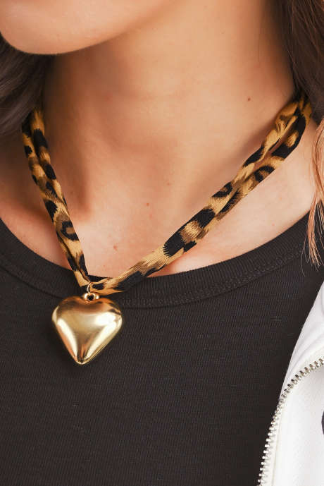 Gold Puffy Heart Charm Leopard Scarf Necklace