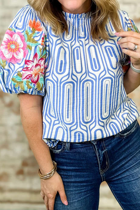 Sky Blue THML Judith Embroidered Sleeve Top