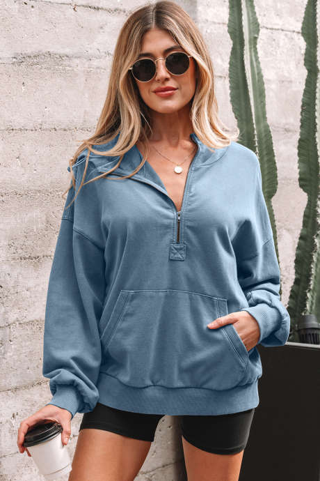 Sweat à capuche ample Ashleigh bleu délavé avec poche kangourou et demi-fermeture éclair LC25320092-P604