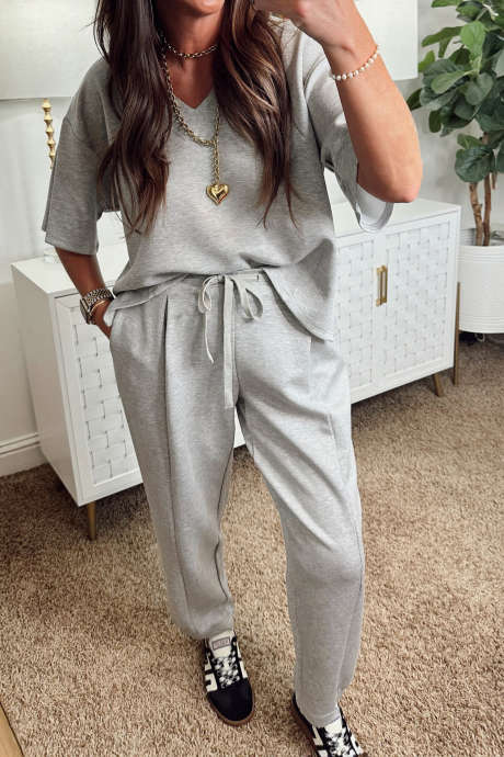 Grijze gemêleerde neopreen oversized V-hals top