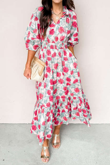 Czerwona sukienka midi z kwiatowym wzorem Yours To Keep