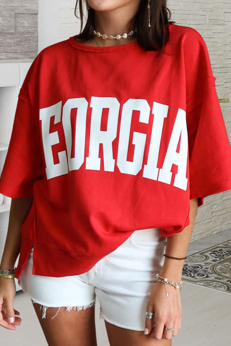 Racing Red GEORGIE Letter Printed Raw Seam Drop Shoulder Loose Tee