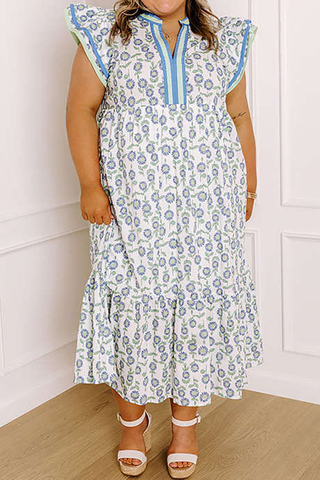 Hemelsblauwe, picknickklare midi-jurk met bloemenprint en rode rondingen