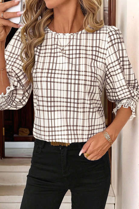 White Plaid Print Frilled Puffy Half Sleeve Blouse