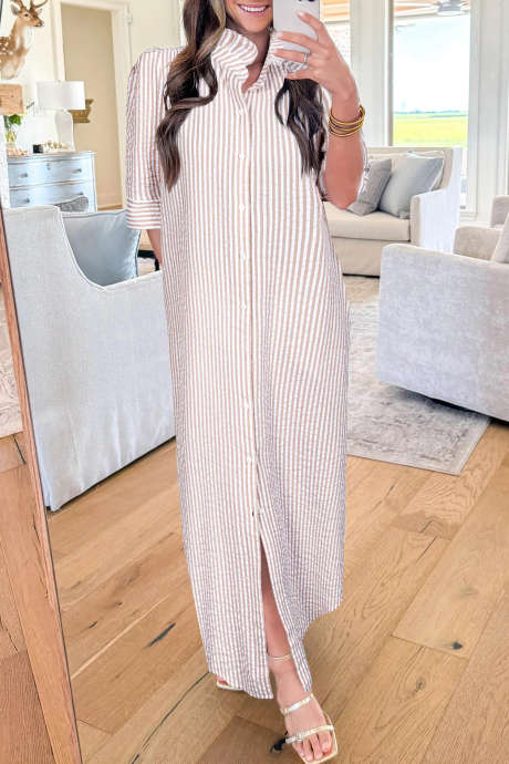 カーキストライプフリルカラーハーフスリーブシャツマキシドレス