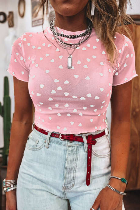 Pink Allover Heart Print Mesh Short Sleeve Top LC25135777-P10