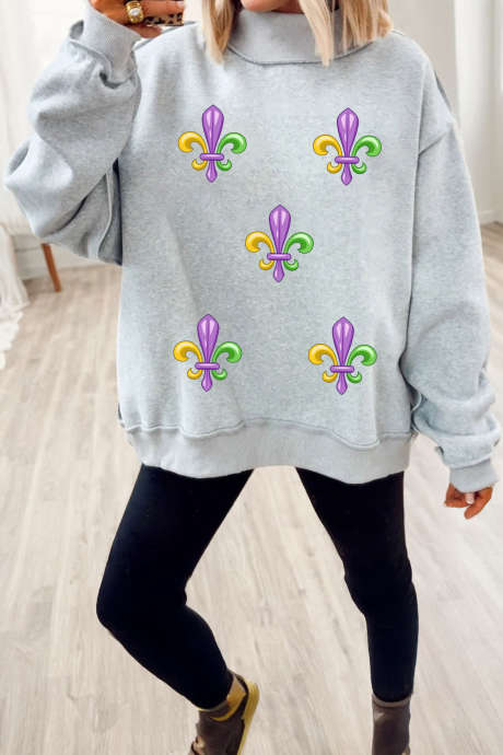 Sweat-shirt gris clair à coutures apparentes, col montant, imprimé fleur de lys et épaules tombantes LC25321085-P1011