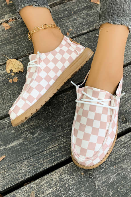 Parchment Checkered Print PU Leather Lace Up Detail Flat Shoes