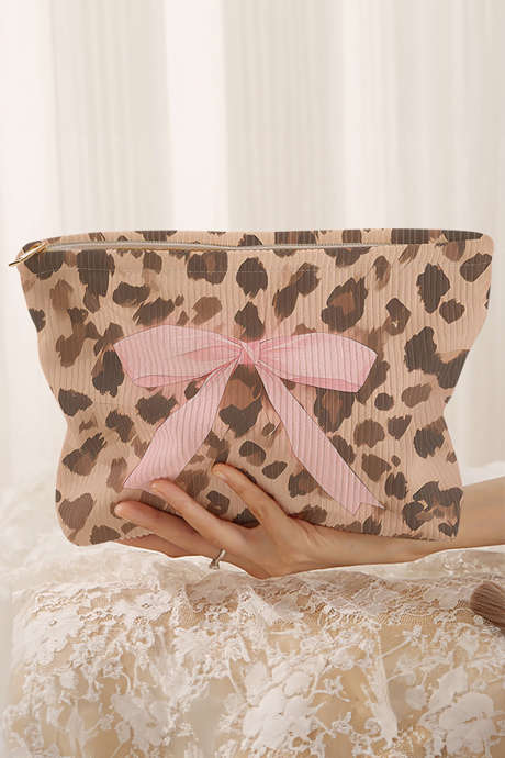 Kamelfärgad ribbad sminkväska med rosett och leopardmönster