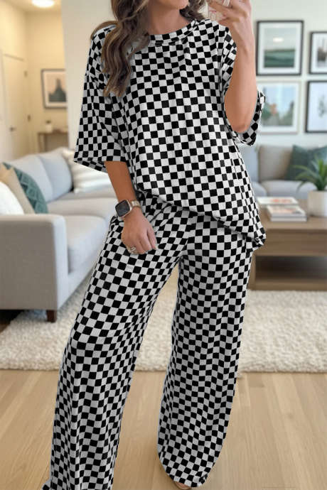 Black Checkered Print Half Sleeve Tee 2pcs Lounge Pant Set