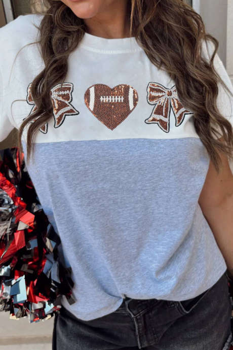Grijze Color Block Patchwork Pailletten Rugby Strik Hart Grafisch T-shirt