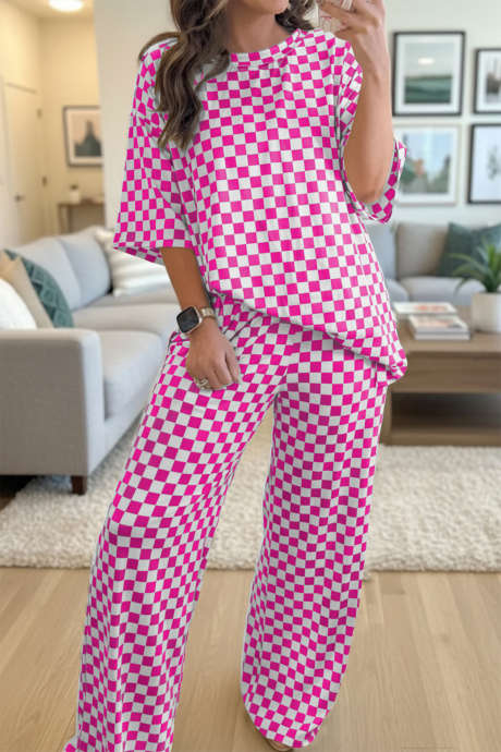 Rose Checkered Print Half Sleeve Tee 2pcs Lounge Pant Set