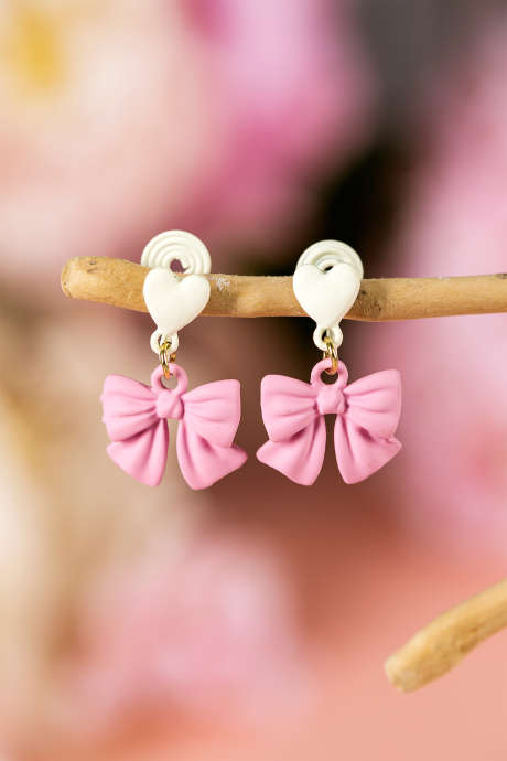 Pink Cute Bow Charm Contrasted Clip On Earrings