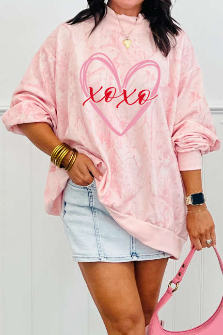Pink Tie Dye xoxo Heart Printed Mock Neck Sweatshirt