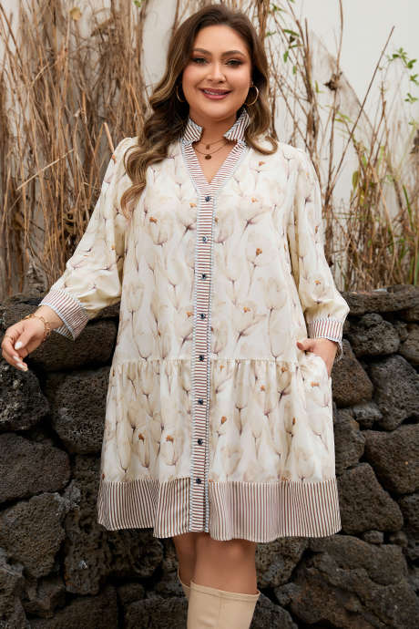 Khaki Plus Size Bloemenprint Gestreepte Rand Patchwork Knoopjes A-lijn Jurk