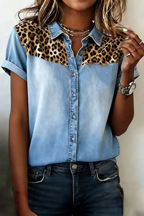 Myosotis Denim Button Down Leopard Patchwork Detail Short Sleeve Shirt