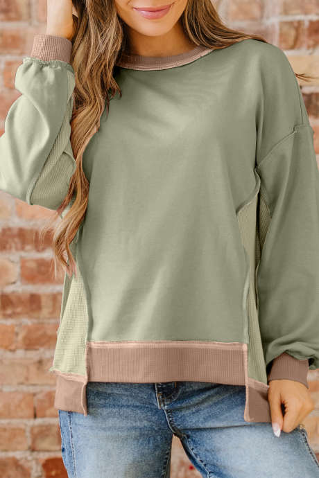 Rauchgrünes Oversize-Sweatshirt mit Farbblock-Mix-Textur und Waffel-Patchwork