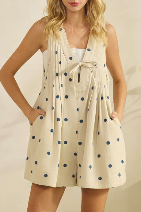 Beige Mineral Wash Pleated Bust V Neck Sleeveless Denim Romper