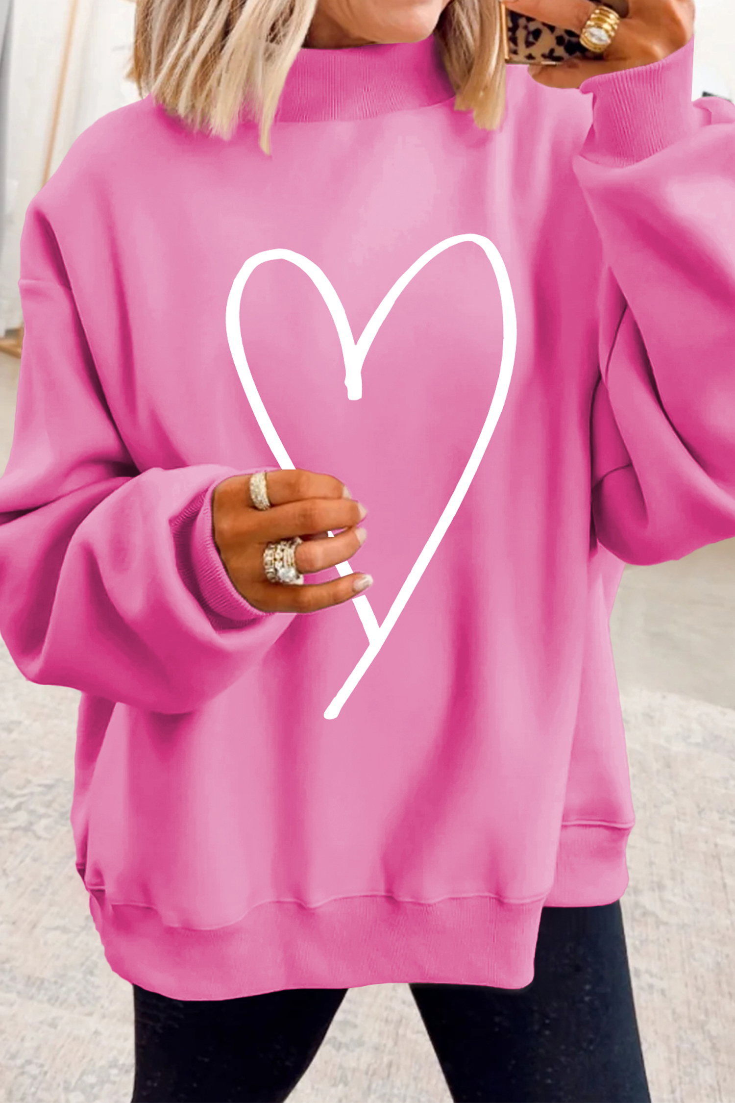 $10.23 Bright Pink LOVER Heart Script Reversible Print Mock Neck