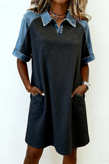Sukienka typu t-shirt z denimu w kolorze szarym, blokowym, patchworkowym, z kołnierzykiem polo