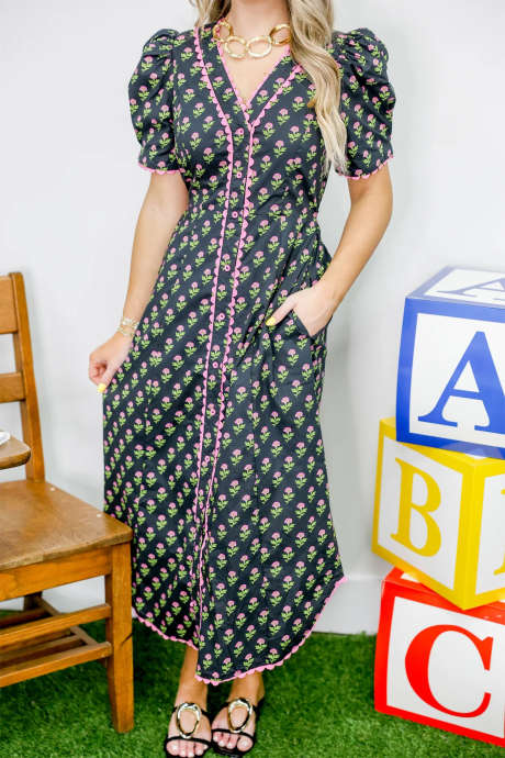 Black Floral Print V Neck Scallop Trim Button Front Short Sleeve Long Dress