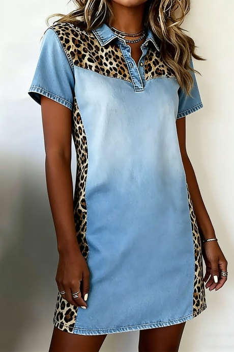 Myosotis Denim Color Block Leopard Patchwork Shirt Collar T-shirt Minijurk