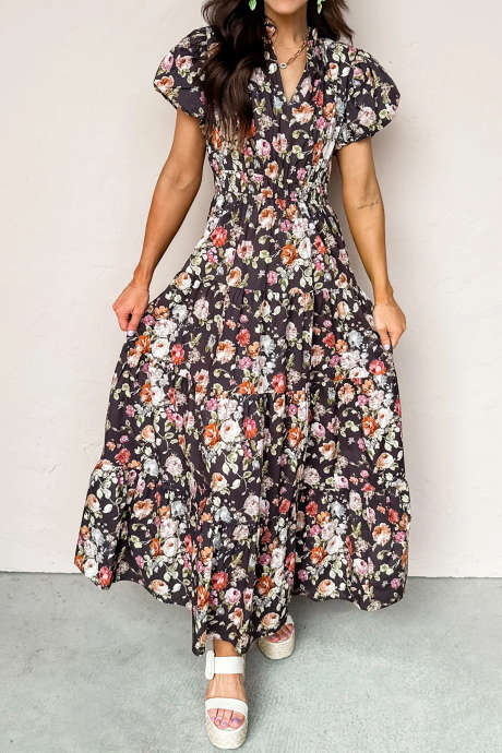 Black Floral Print V Neck Pleated Tiered Maxi Dress
