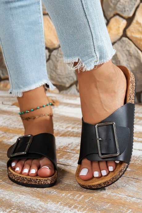 Color black Retro Geometric Print Buckle Strap Flat Slippers