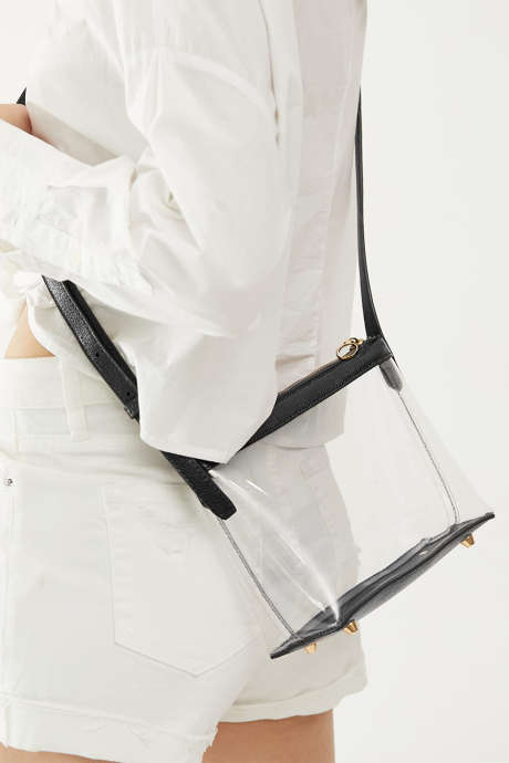 Sac bandoulière patchwork en cuir PU noir et PVC transparent