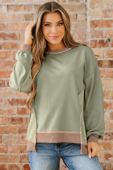 Rookgroene kleurblokmix textuur wafel patchwork oversized sweatshirt