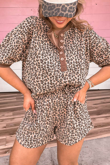Brown Leopard Print Ribbed Patchwork Half Button Loose Tee Elastic Waist Short 2pcs Set