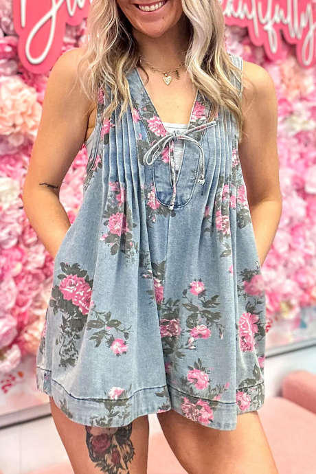 Sky Blue Mineral Wash Pleated Bust V Neck Sleeveless Denim Romper