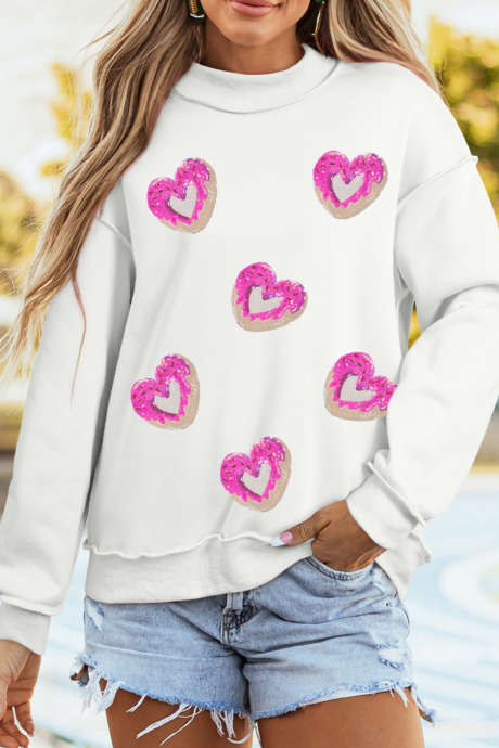 White Reversible Double Wear Sequin Donut Heart Graphic Mock Neck Sweatshirt