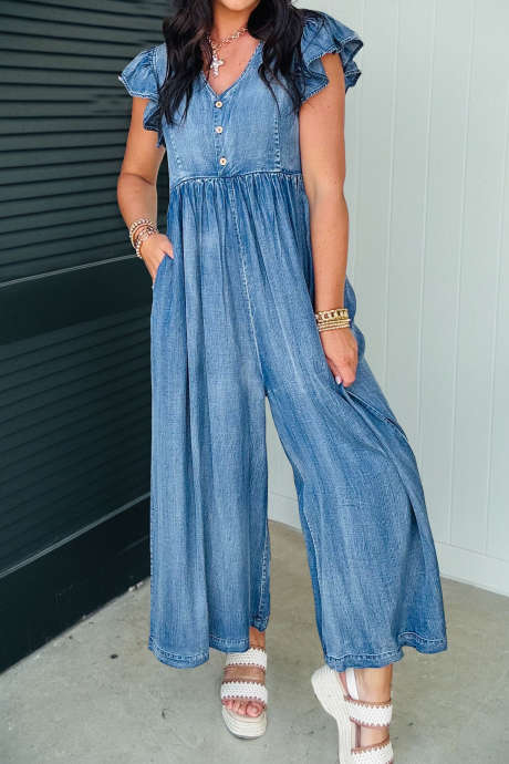 Ashleigh Blå Volang Kortärmad Vida Ben Jeansjumpsuit