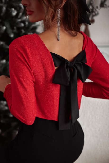 Red Metallic Bowknot Open Back V Neck Top