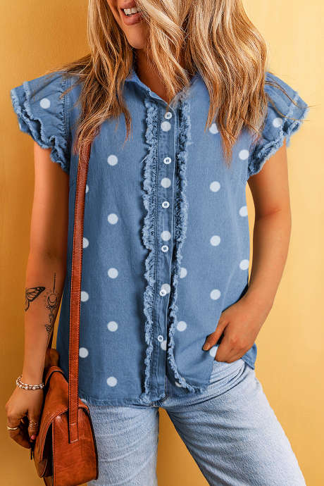 Sky Blue Polka Dot Print Denim Frayed Trim Button Down Ruffled Short Sleeve Shirt
