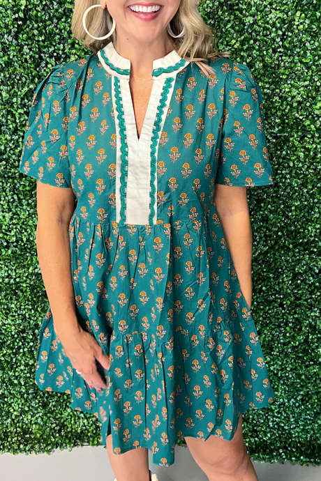 Grön Kontrastkant V-ringad Kortärmad Blommig Klänning
