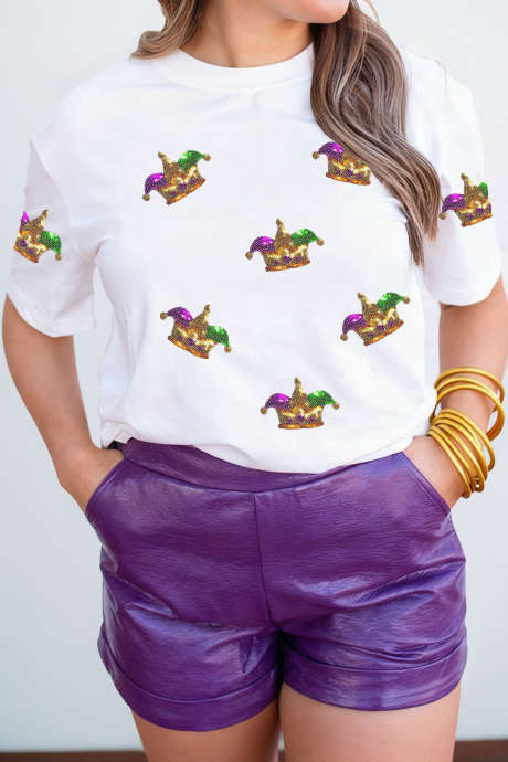 White Mardi Gras Sequin Crown Womens Casual T Shirt