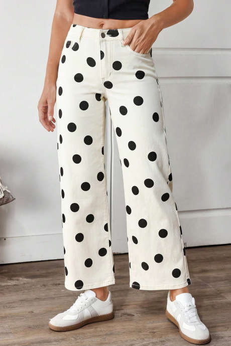 Pantalon décontracté à jambes droites imprimé à pois blancs